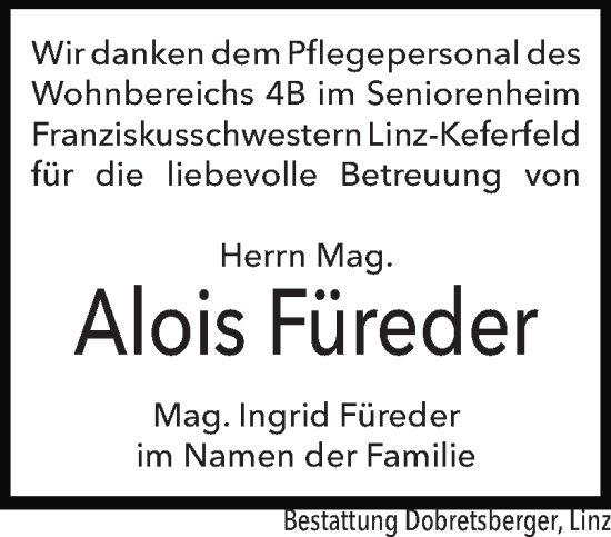 Traueranzeige von Alois Füreder von OÖNachrichten