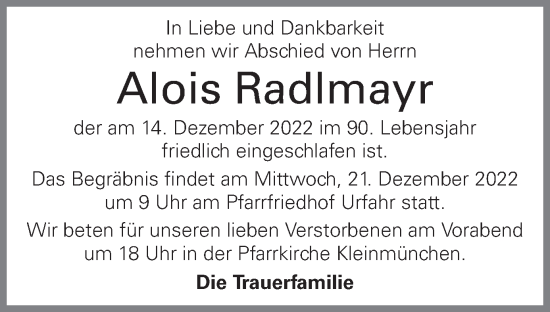 Traueranzeige von Alois Radlmayr von OÖNachrichten