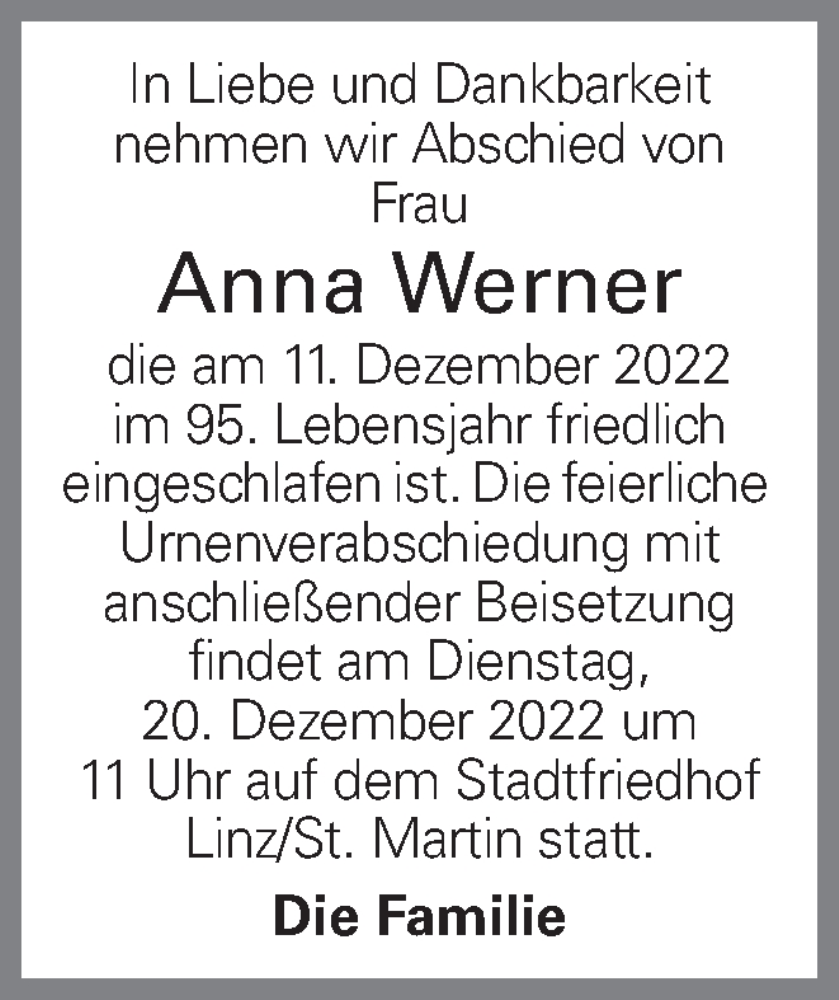  Traueranzeige für Anna Werner vom 15.12.2022 aus OÖNachrichten