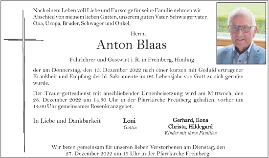 Traueranzeige von Anton Blaas von OÖNachrichten