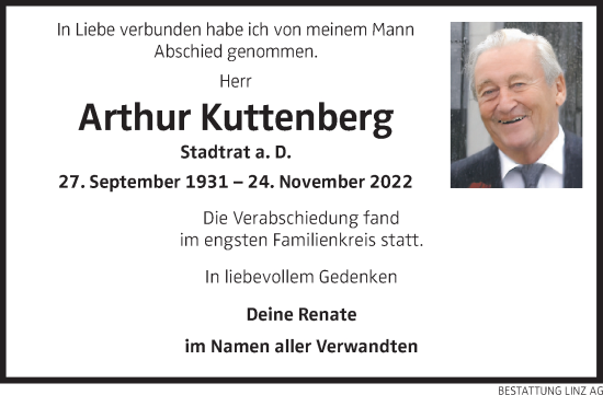Traueranzeige von Arthur Kuttenberg von OÖNachrichten
