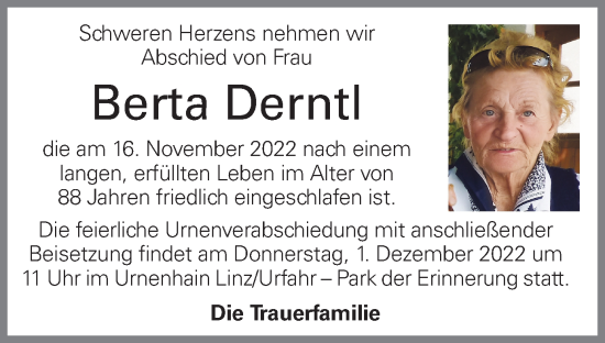 Traueranzeige von Berta Derntl von OÖNachrichten