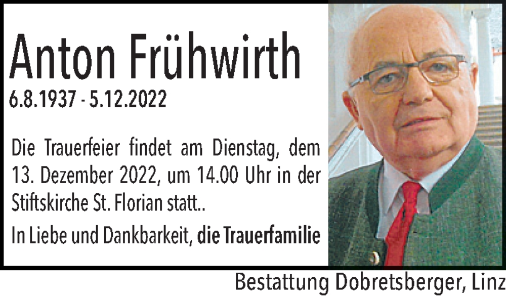  Traueranzeige für Bestattungen Frühwirth vom 10.12.2022 aus OÖNachrichten