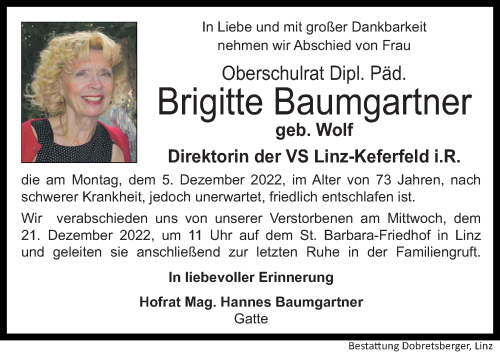  Traueranzeige für Brigitte Baumgartner vom 10.12.2022 aus OÖNachrichten