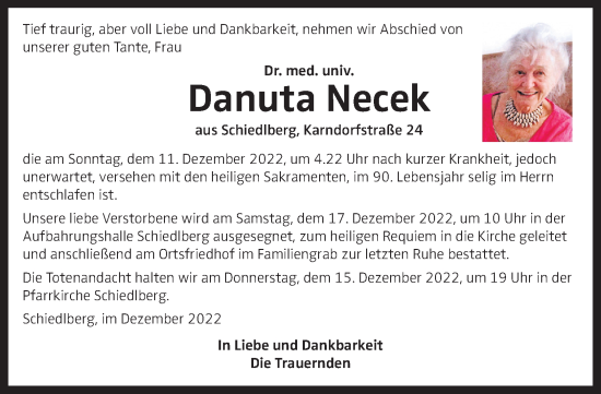 Traueranzeige von Danuta Necek von OÖNachrichten
