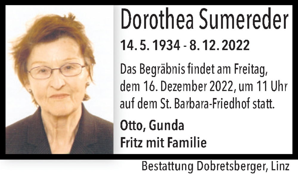  Traueranzeige für Dorothea Sumereder vom 13.12.2022 aus OÖNachrichten