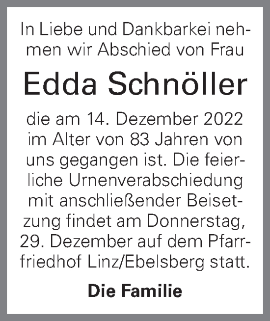 Traueranzeige von Edda Schnöller von OÖNachrichten