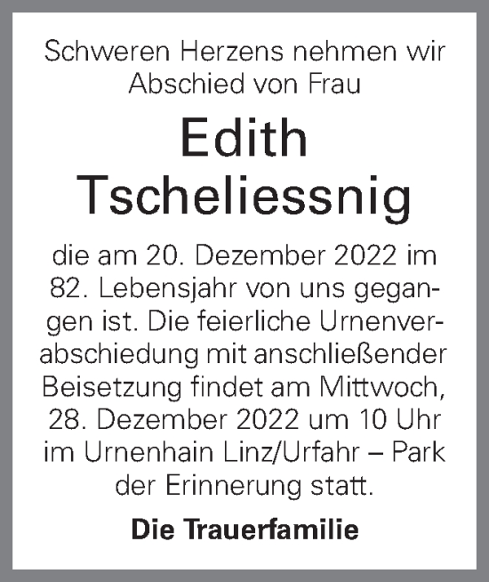 Traueranzeige von Edith Tscheliessnig von OÖNachrichten