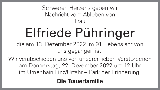 Traueranzeige von Elfriede Pühringer von OÖNachrichten