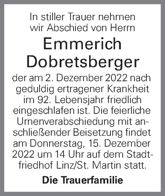 Traueranzeige von Emmerich Dobretsberger von OÖNachrichten