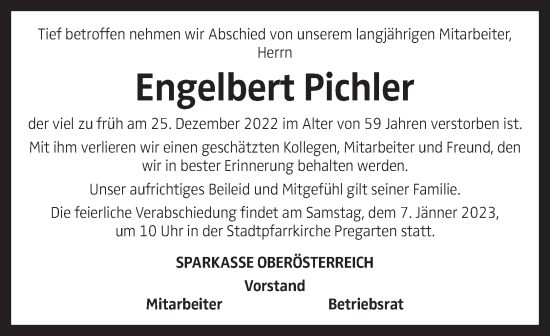 Traueranzeige von Engelbert Pichler von OÖNachrichten