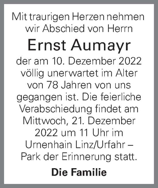 Traueranzeige von Ernst Aumayr von OÖNachrichten