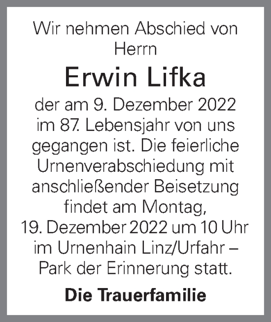 Traueranzeige von Erwin Lifka von OÖNachrichten