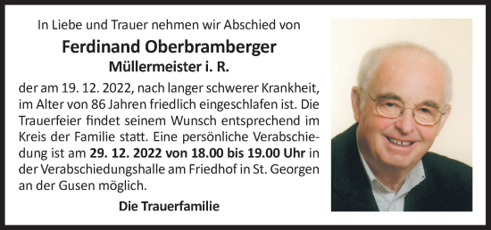 Traueranzeige von Ferdinand Oberbramberger von OÖNachrichten
