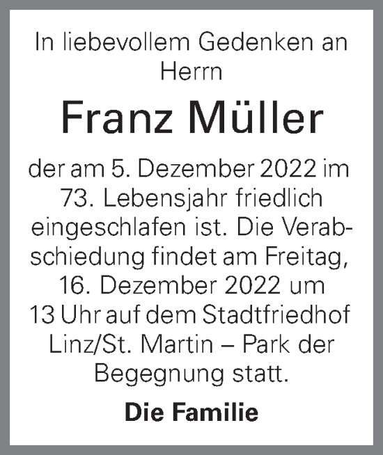 Traueranzeige von Franz Müller von OÖNachrichten