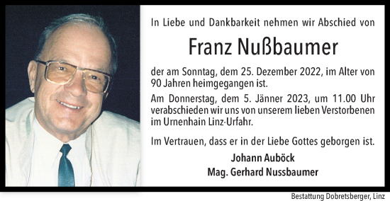 Traueranzeige von Franz Nußbaumer von OÖNachrichten