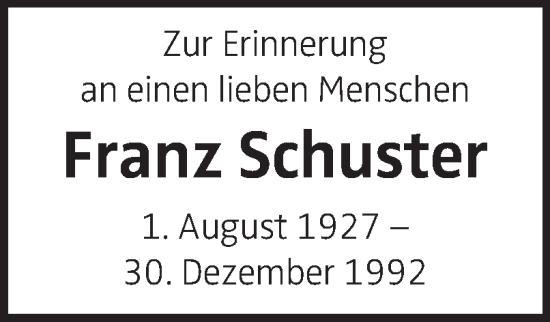 Traueranzeige von Franz Schuster von OÖNachrichten