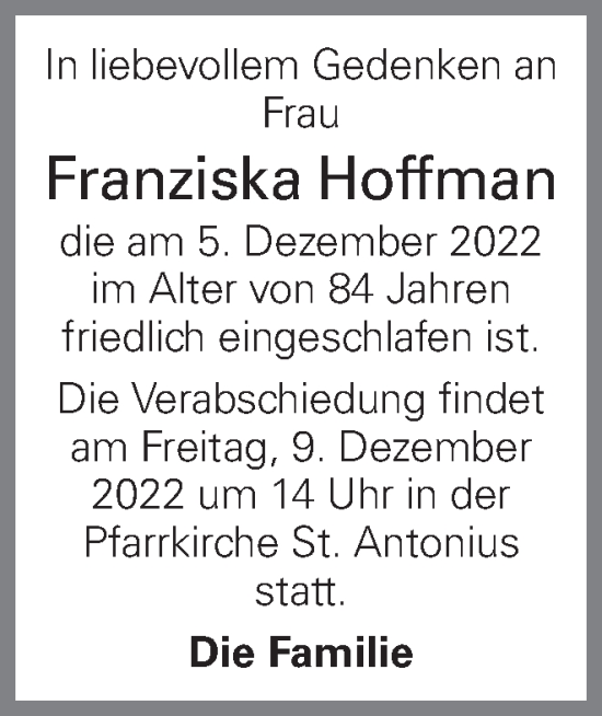 Traueranzeige von Franziska Hoffman von OÖNachrichten