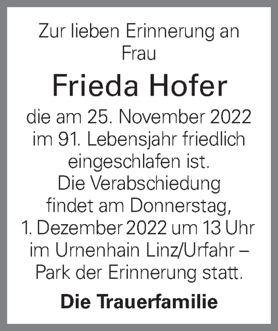 Traueranzeige von Frieda Hofer von OÖNachrichten