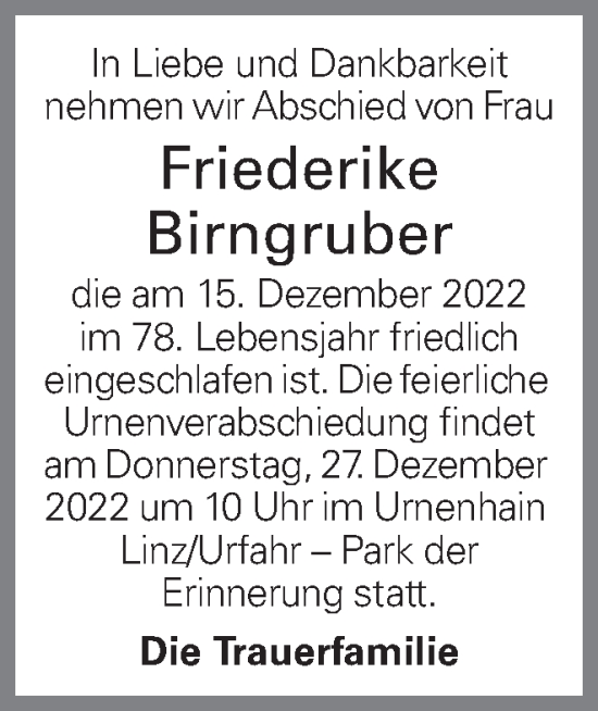 Traueranzeige von Friederike Birngruber von OÖNachrichten