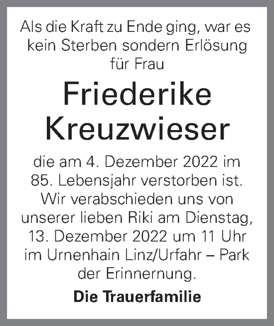 Traueranzeige von Friederike Kreuzwieser von OÖNachrichten