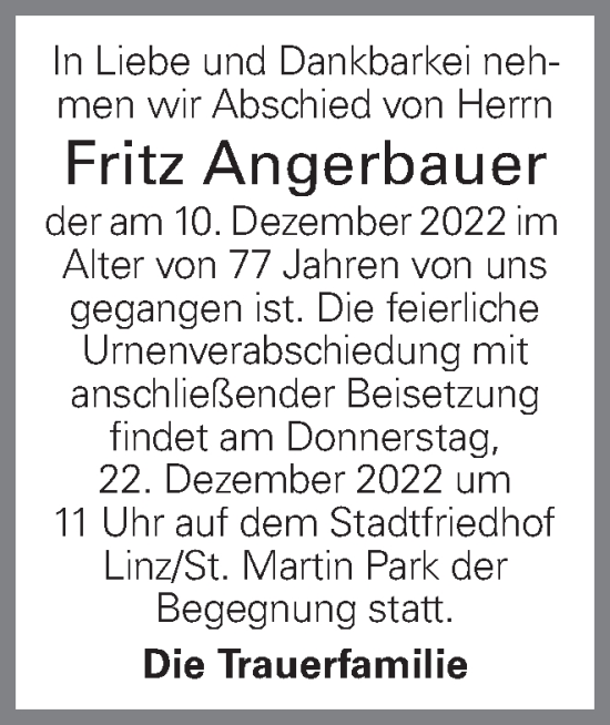 Traueranzeige von Fritz Angerbauer von OÖNachrichten