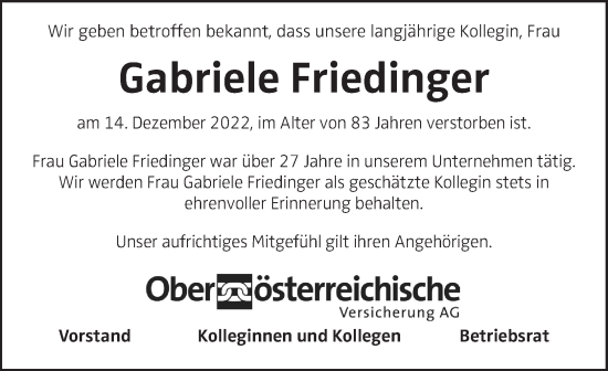 Traueranzeige von Gabriele Friedinger von OÖNachrichten