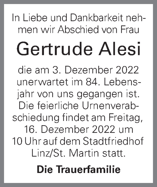 Traueranzeige von Gertrude Alesi von OÖNachrichten