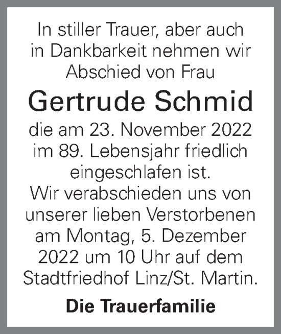 Traueranzeige von Gertrude Schmid von OÖNachrichten