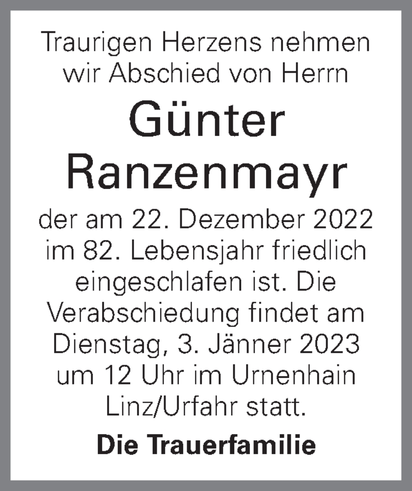  Traueranzeige für Günter Ranzenmayr vom 30.12.2022 aus OÖNachrichten