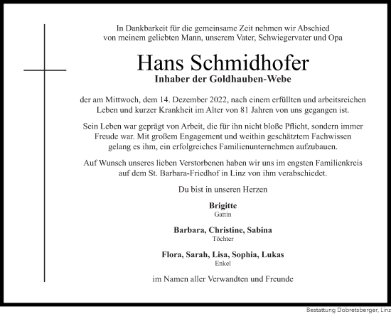 Traueranzeige von Hans Schmidhofer von OÖNachrichten