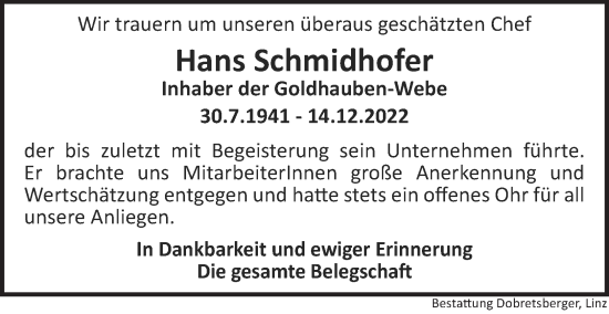 Traueranzeige von Hans Schmidhofer von OÖNachrichten