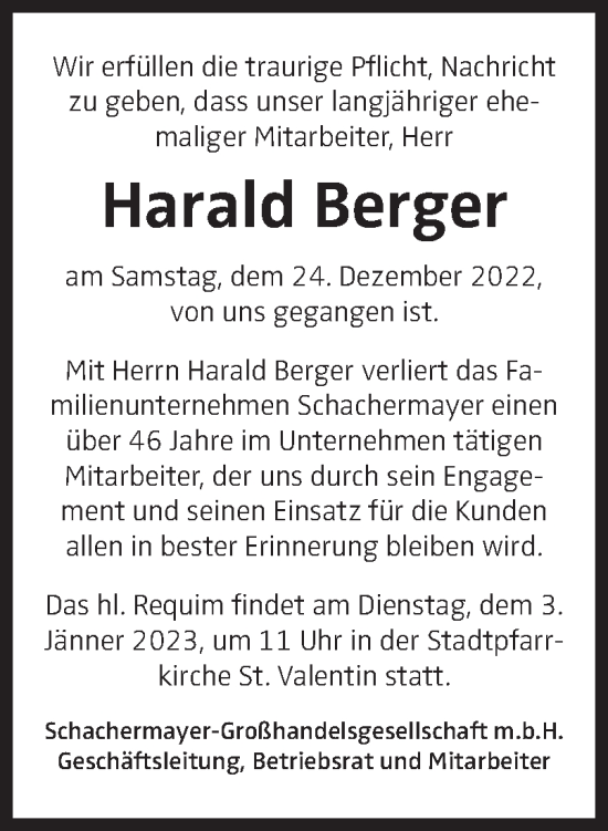 Traueranzeige von Harald Berger von OÖNachrichten