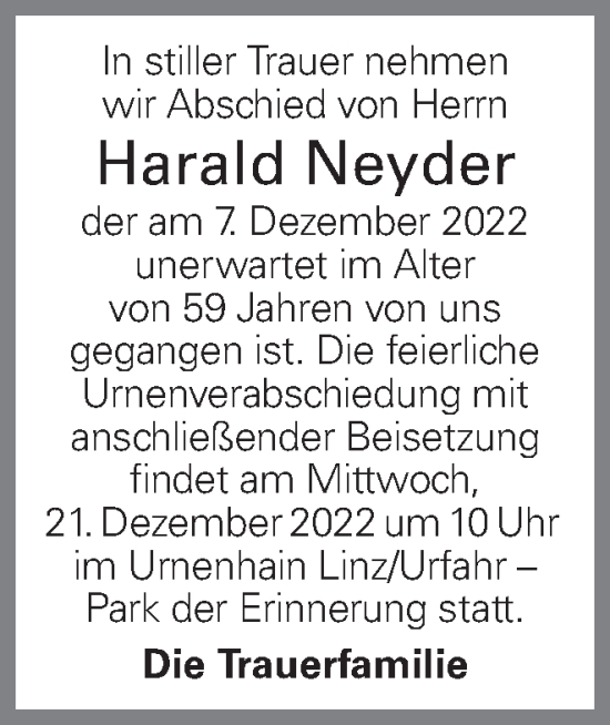 Traueranzeige von Harald Neyder von OÖNachrichten