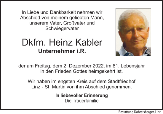 Traueranzeige von Heinz Kabler von OÖNachrichten