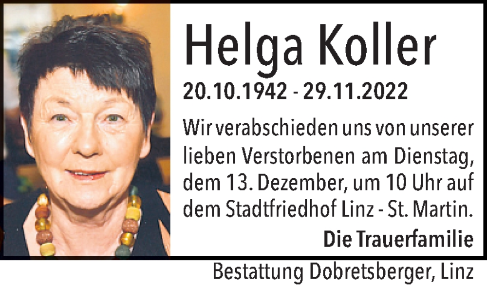  Traueranzeige für Helga Koller vom 10.12.2022 aus OÖNachrichten
