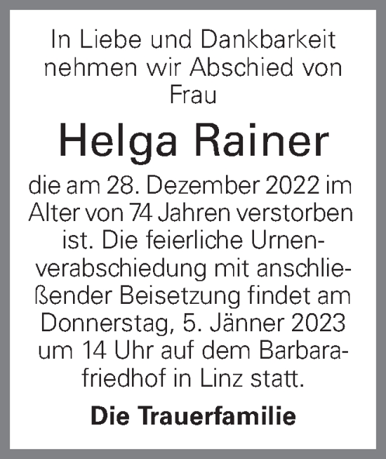 Traueranzeige von Helga Rainer von OÖNachrichten