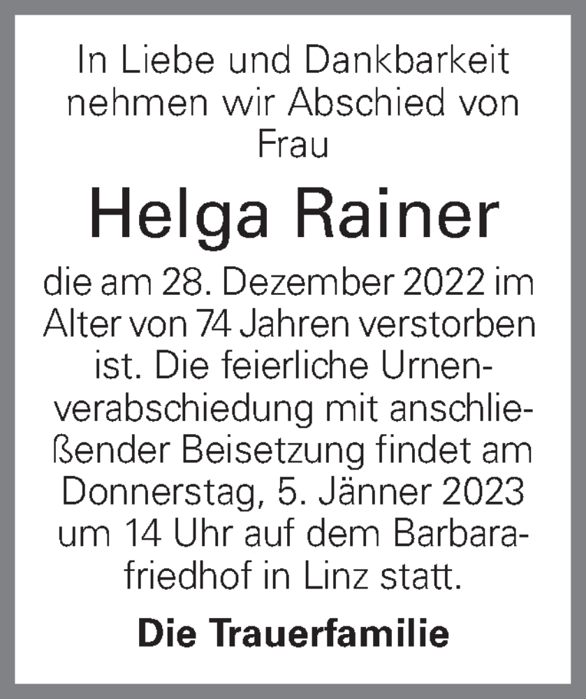  Traueranzeige für Helga Rainer vom 02.01.2023 aus OÖNachrichten