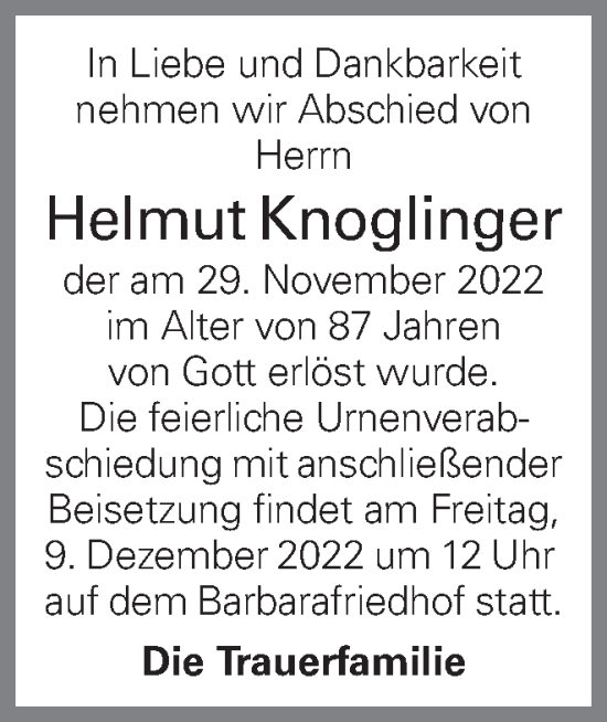 Traueranzeige von Helmut Knoglinger von OÖNachrichten