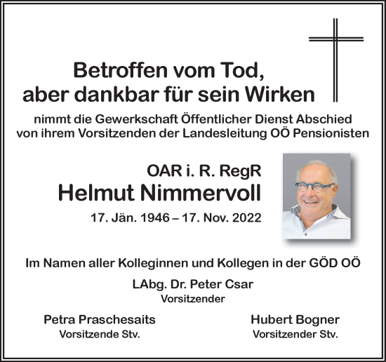 Traueranzeige von Helmut Nimmervoll von OÖNachrichten