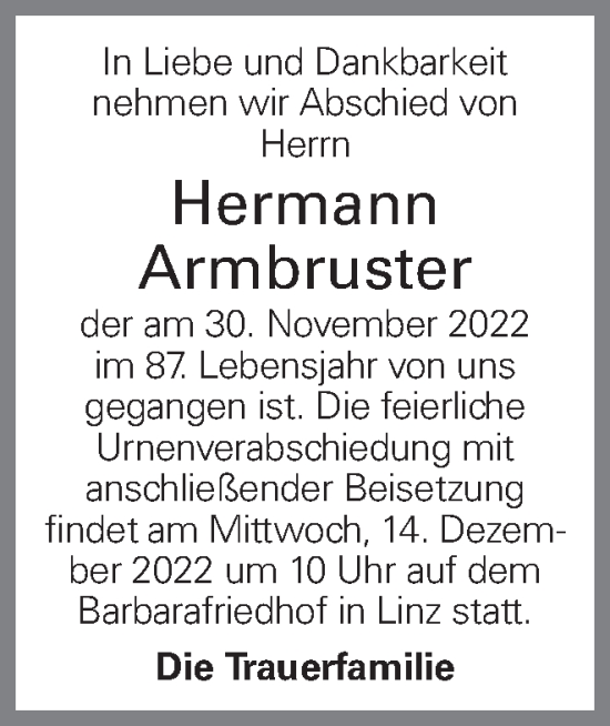 Traueranzeige von Hermann Armbruster von OÖNachrichten