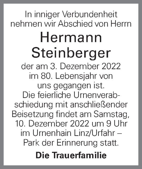 Traueranzeige von Hermann Steinberger von OÖNachrichten