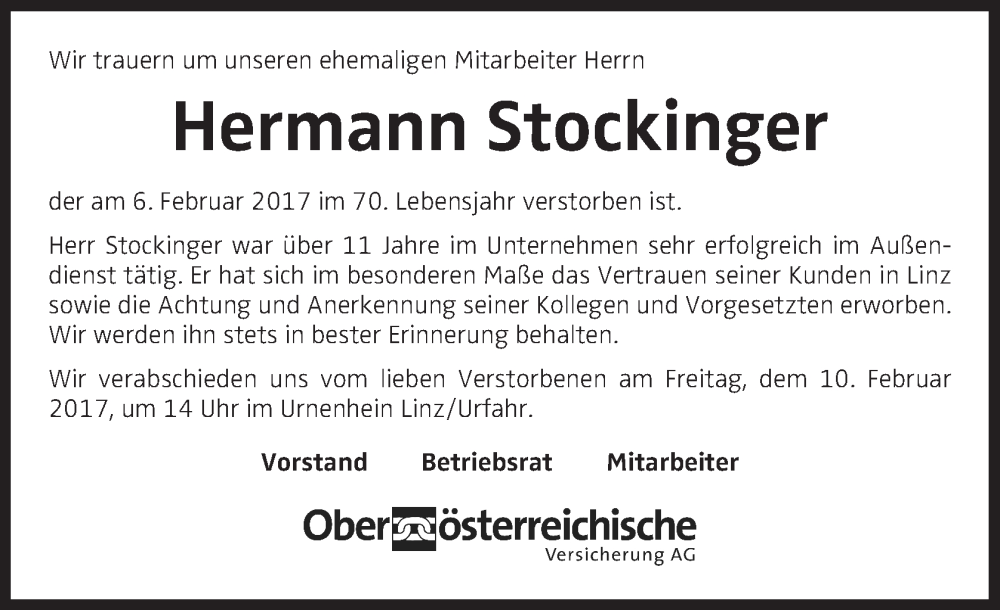  Traueranzeige für Hermann Stockinger vom 09.02.2017 aus OÖNachrichten