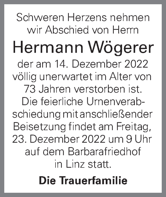 Traueranzeige von Hermann Wögerer von OÖNachrichten