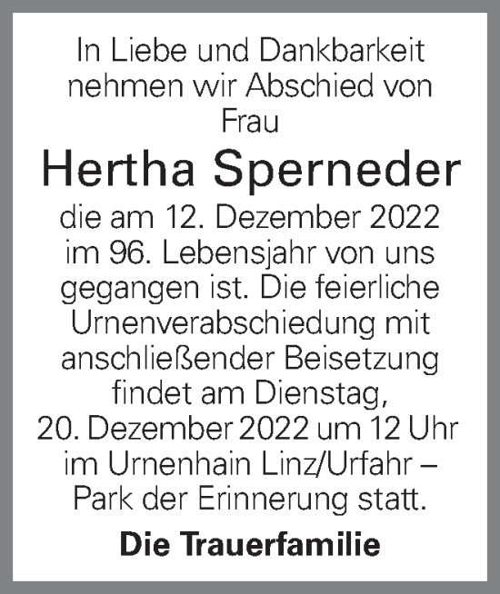 Traueranzeige von Hertha Sperneder von OÖNachrichten