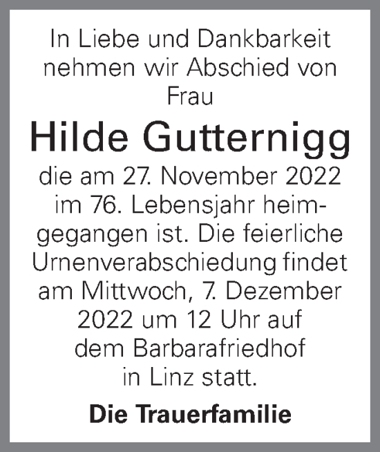 Traueranzeige von Hilde Gutternigg von OÖNachrichten