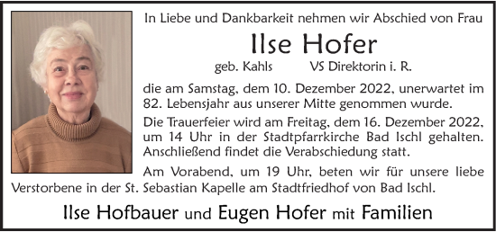 Traueranzeige von Ilse Hofer von OÖNachrichten