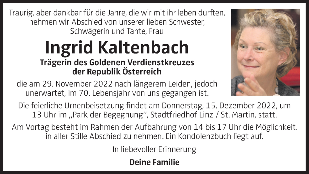  Traueranzeige für Ingrid Kaltenbach vom 03.12.2022 aus OÖNachrichten