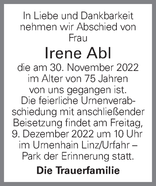 Traueranzeige von Irene Abl von OÖNachrichten