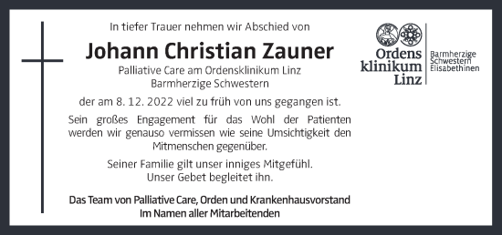 Traueranzeige von Johann Christian Zauner von OÖNachrichten